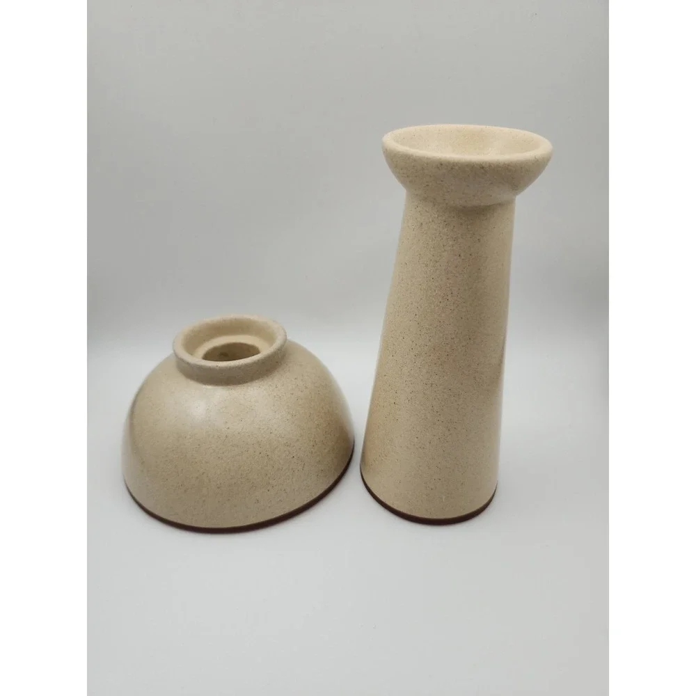 Pair of Speckled Beige Ceramic Taper Candle Holders McM/ Minimalist Style EUC 5